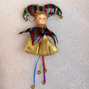 Super cute lamé jester ornament with porcelain face and golden jingle bells